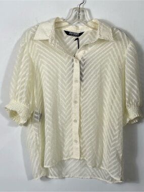 Disturbia Womens Chevron Button Up Blouse Top White Sheer Puff Sleeve Sz 12 NWT